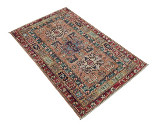 Corner detail of New Kazak rug showing border pattern and Wool pile