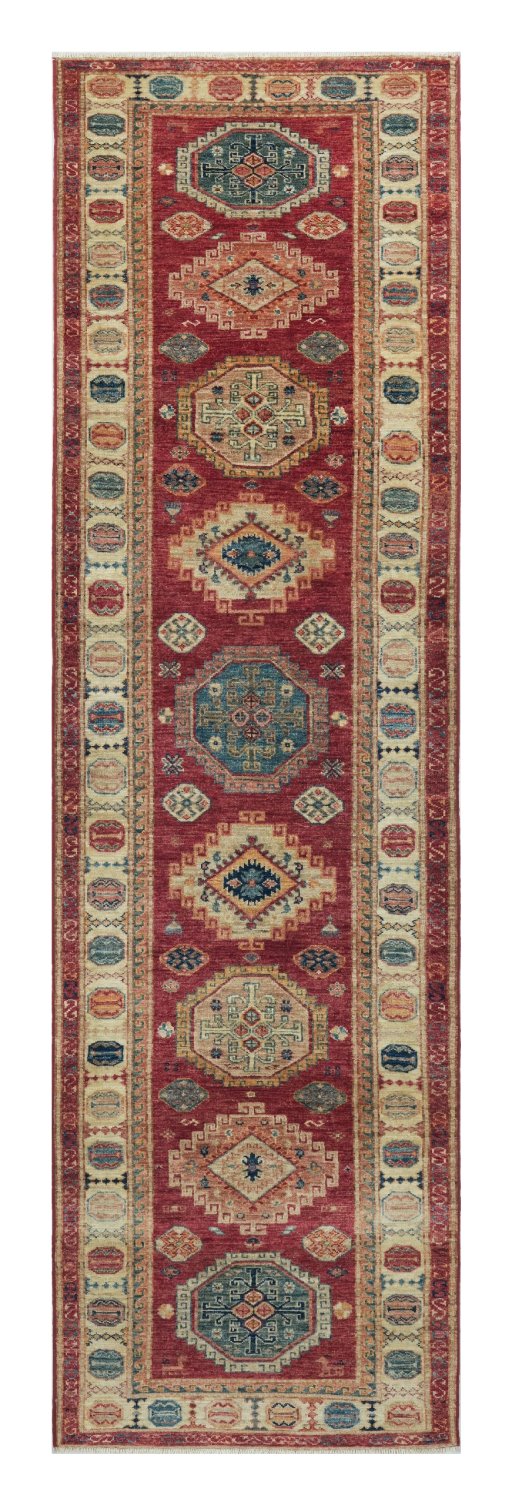 Full view of New Kazak rug from Pakistan, 284 × 78 cm in Red tones