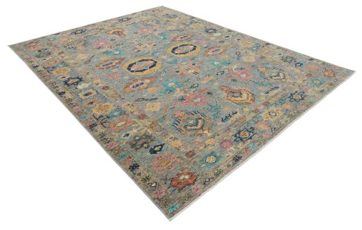 Corner detail of New Kazak rug showing border pattern and Wool pile