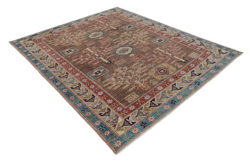 Corner detail of New Kazak rug showing border pattern and Wool pile