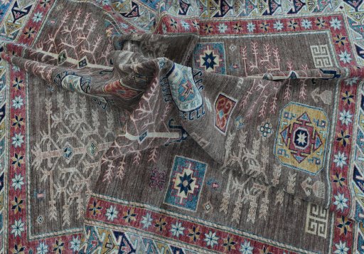 Full view of New Kazak rug from Pakistan, 236 × 203 cm in Brown tones