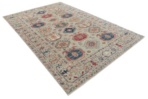 Corner detail of New Kazak rug showing border pattern and Wool pile