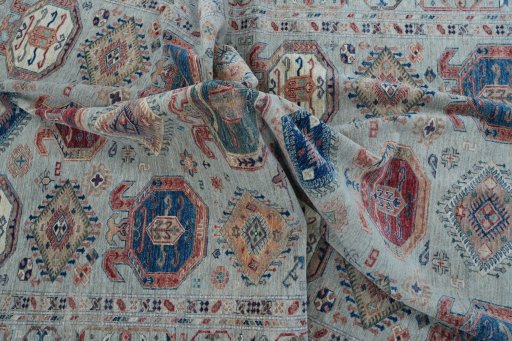 Full view of New Kazak rug from Pakistan, 298 × 205 cm in Gray tones