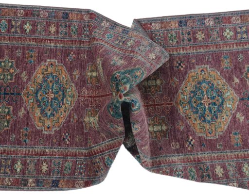 Full view of New Kazak rug from Pakistan, 288 × 81 cm in Red tones
