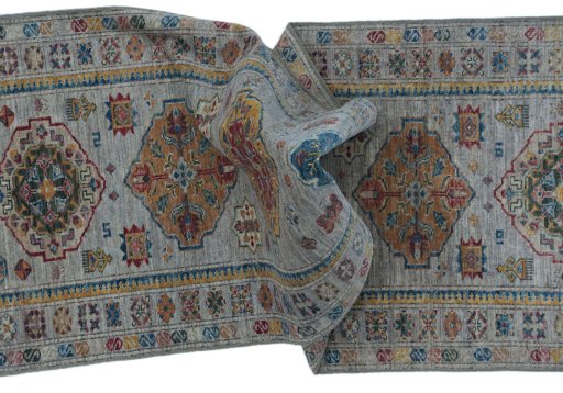 Full view of New Kazak rug from Pakistan, 250 × 80 cm in Beige tones