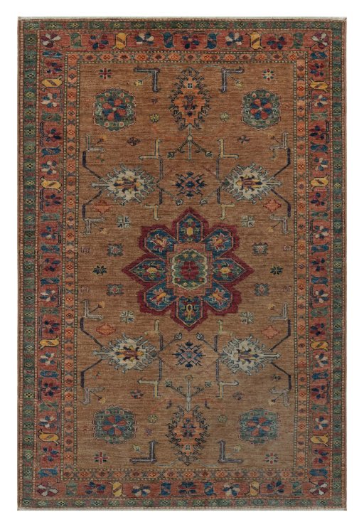 Full view of New Kazak rug from Pakistan, 183 × 122 cm in Beige tones