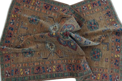 Full view of New Kazak rug from Pakistan, 183 × 122 cm in Beige tones