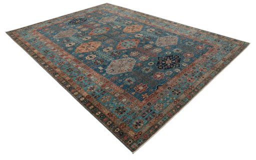 Corner detail of New Kazak rug showing border pattern and Wool pile