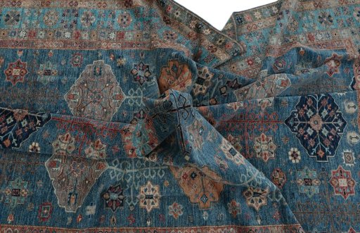 Full view of New Kazak rug from Pakistan, 388 × 282 cm in Blue tones