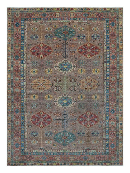 Full view of New Kazak rug from Pakistan, 378 × 279 cm in Beige tones