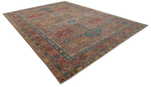 Corner detail of New Kazak rug showing border pattern and Wool pile