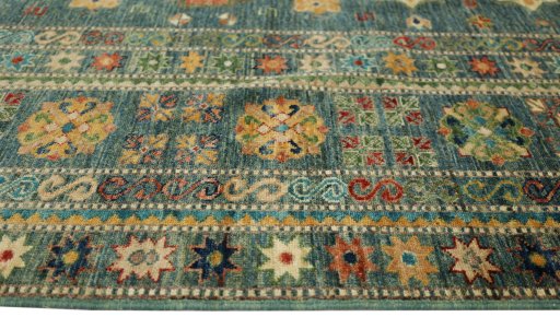 Corner detail of New Kazak rug showing border pattern and Wool pile