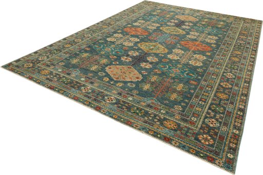 Corner detail of New Kazak rug showing border pattern and Wool pile