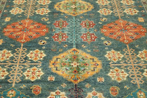 Full view of New Kazak rug from Pakistan, 430 × 312 cm in Blue tones