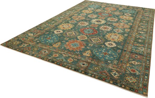 Corner detail of New Kazak rug showing border pattern and Wool pile