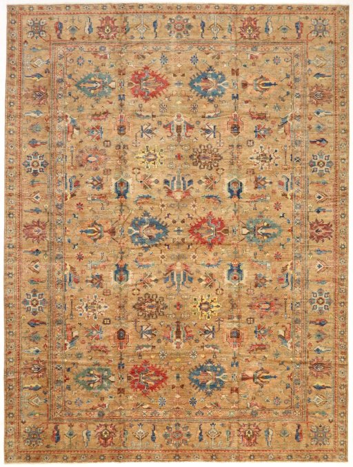 Full view of New Kazak rug from Pakistan, 404 × 302 cm in Yellow tones