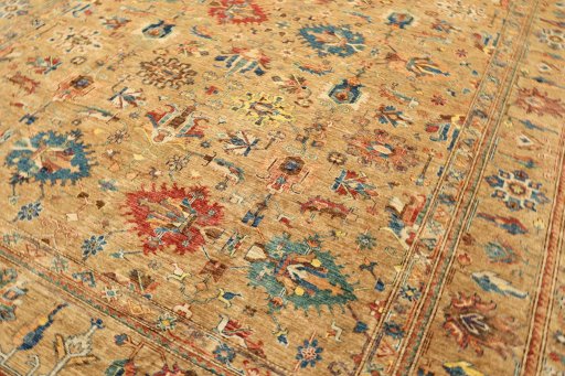 Backside of handmade New Kazak rug showing knot structure and weave density