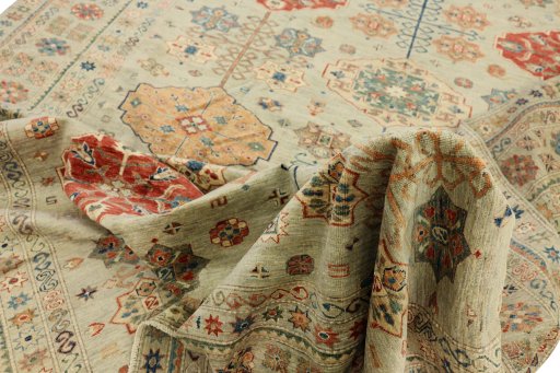 Backside of handmade New Kazak rug showing knot structure and weave density