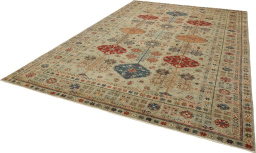 Corner detail of New Kazak rug showing border pattern and Wool pile