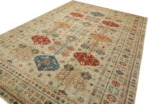 Backside of handmade New Kazak rug showing knot structure and weave density