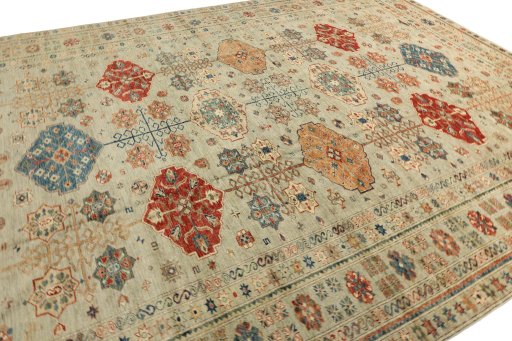 Full view of New Kazak rug from Pakistan, 416 × 302 cm in Gray tones