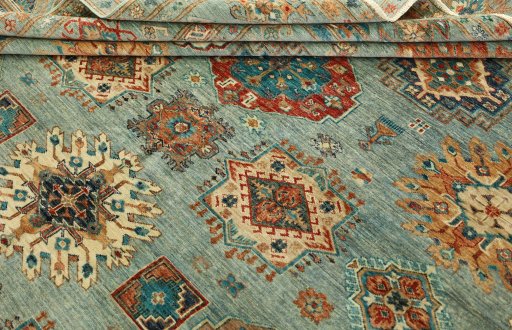 Surface texture of New Kazak rug with natural Wool and intricate pattern