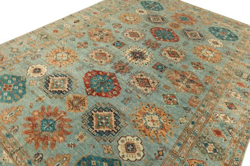 Full view of New Kazak rug from Pakistan, 373 × 273 cm in Blue tones
