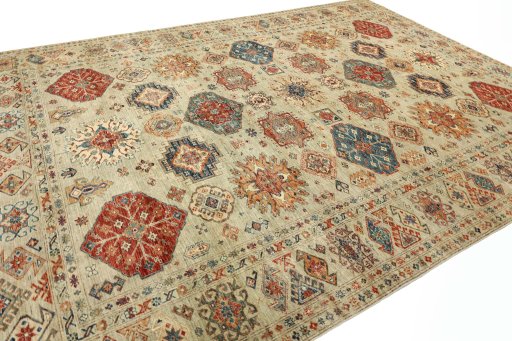 Corner detail of New Kazak rug showing border pattern and Wool pile
