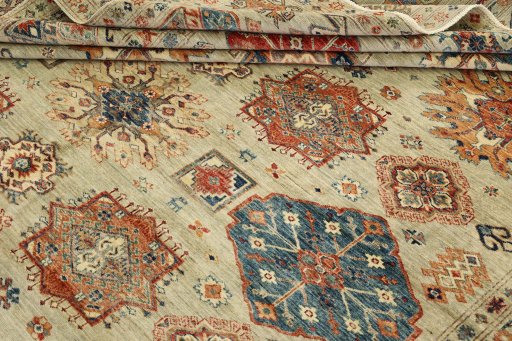 Backside of handmade New Kazak rug showing knot structure and weave density