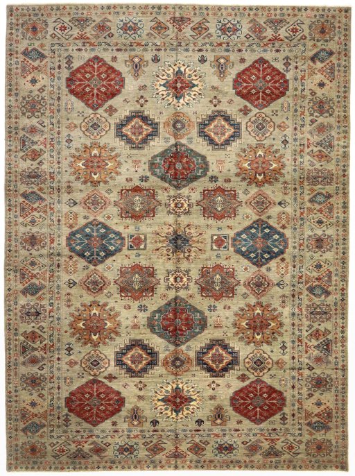 Full view of New Kazak rug from Pakistan, 372 × 274 cm in Gray tones