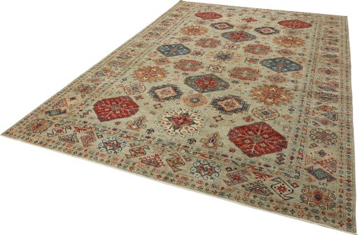 Corner detail of New Kazak rug showing border pattern and Wool pile