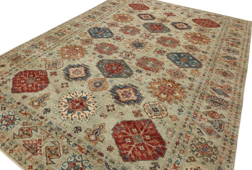 Backside of handmade New Kazak rug showing knot structure and weave density