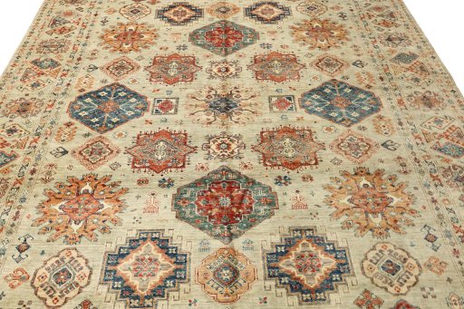 Full view of New Kazak rug from Pakistan, 372 × 274 cm in Gray tones