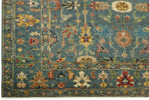Corner detail of New Kazak rug showing border pattern and Wool pile