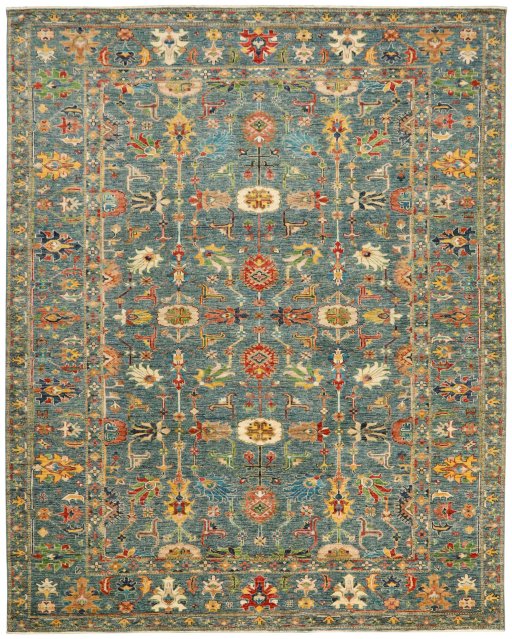 Full view of New Kazak rug from Pakistan, 310 × 247 cm in Blue tones
