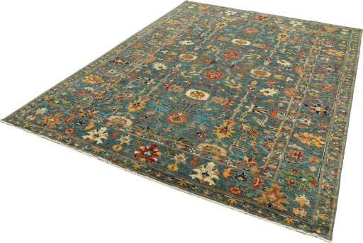 Corner detail of New Kazak rug showing border pattern and Wool pile