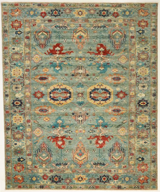 Full view of New Kazak rug from Pakistan, 297 × 244 cm in Blue tones
