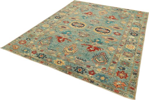 Corner detail of New Kazak rug showing border pattern and Wool pile