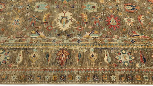 Full view of New Kazak rug from Pakistan, 315 × 239 cm in Gray tones