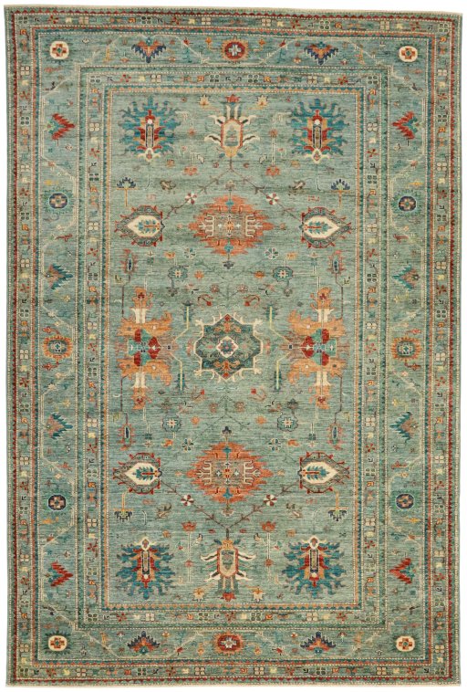 Full view of New Kazak rug from Pakistan, 306 × 204 cm in Blue tones