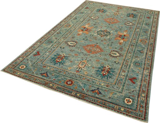 Corner detail of New Kazak rug showing border pattern and Wool pile