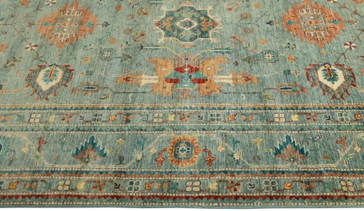 Full view of New Kazak rug from Pakistan, 306 × 204 cm in Blue tones