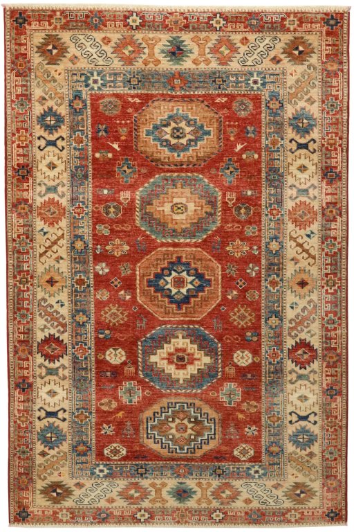 Full view of New Kazak rug from Pakistan, 186 × 123 cm in Red tones