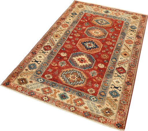 Corner detail of New Kazak rug showing border pattern and Wool pile