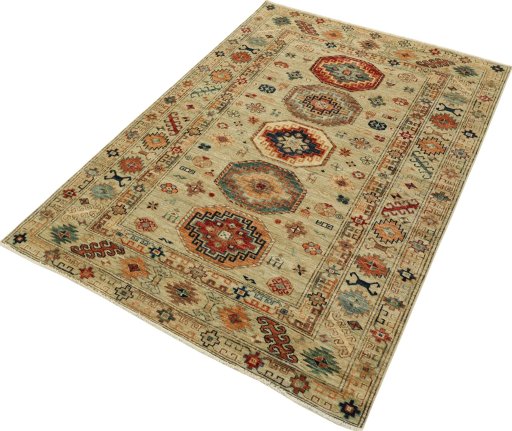 Corner detail of New Kazak rug showing border pattern and Wool pile