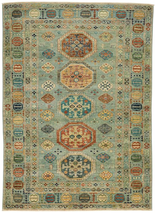 Full view of New Kazak rug from Pakistan, 203 × 147 cm in Blue tones