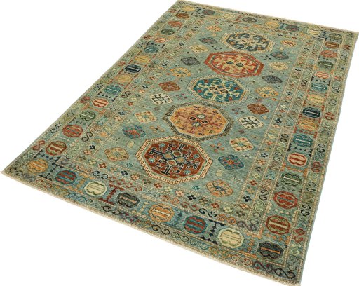 Corner detail of New Kazak rug showing border pattern and Wool pile