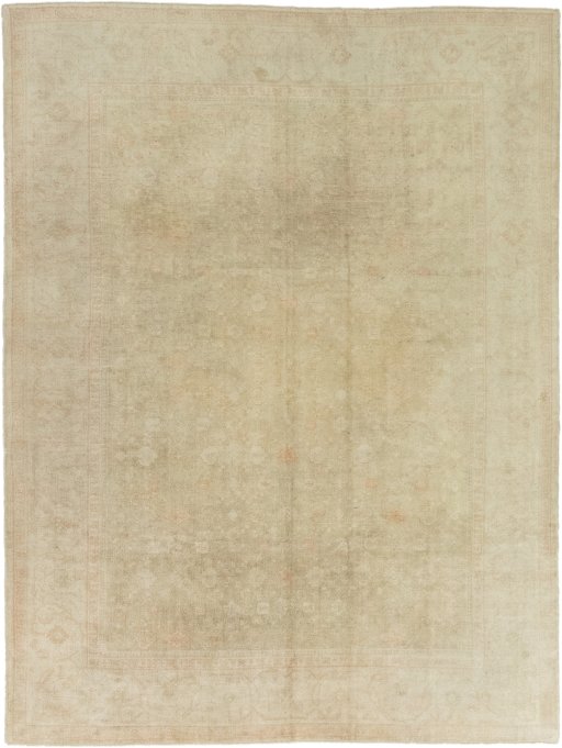 Full view of 1900s Oushak rug from Turkey, 340 × 258 cm in Beige tones
