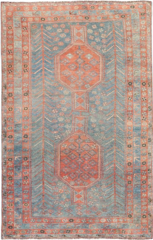 Full view of 1920s Oushak rug from Turkey, 230 × 147 cm in Blue tones