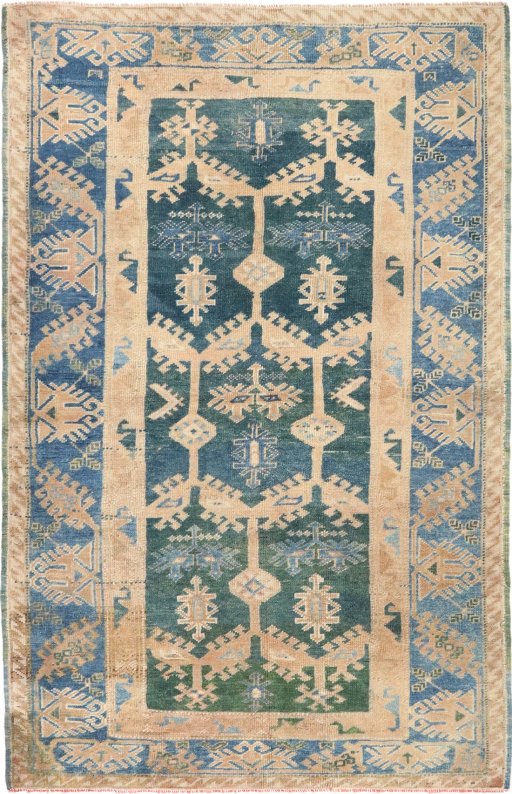 Full view of 1920s Oushak rug from Turkey, 187 × 121 cm in Green tones